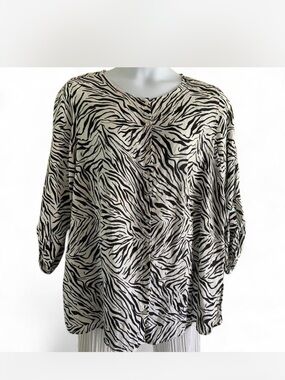 Linen Cynthia Rowley Black & Cream Zebra-Print Button Front Top 2X